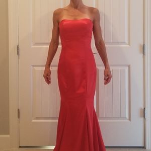 Red satin strapless dress